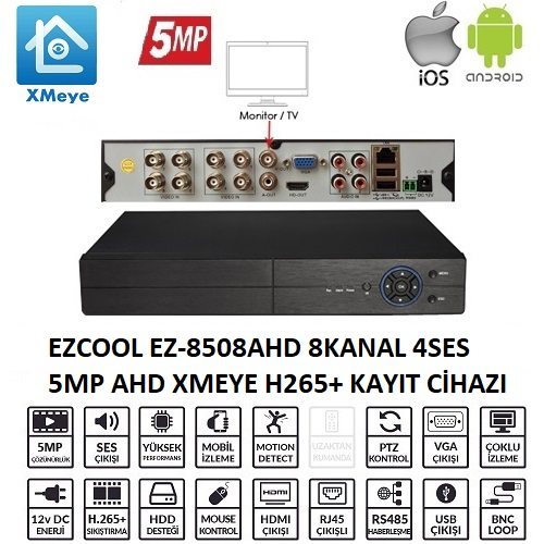 EZCOOL%20EZ-8508AHD%208%20KANAL%205%20MP%201HDD%20XMEYE%20KAYIT%20CİHAZI