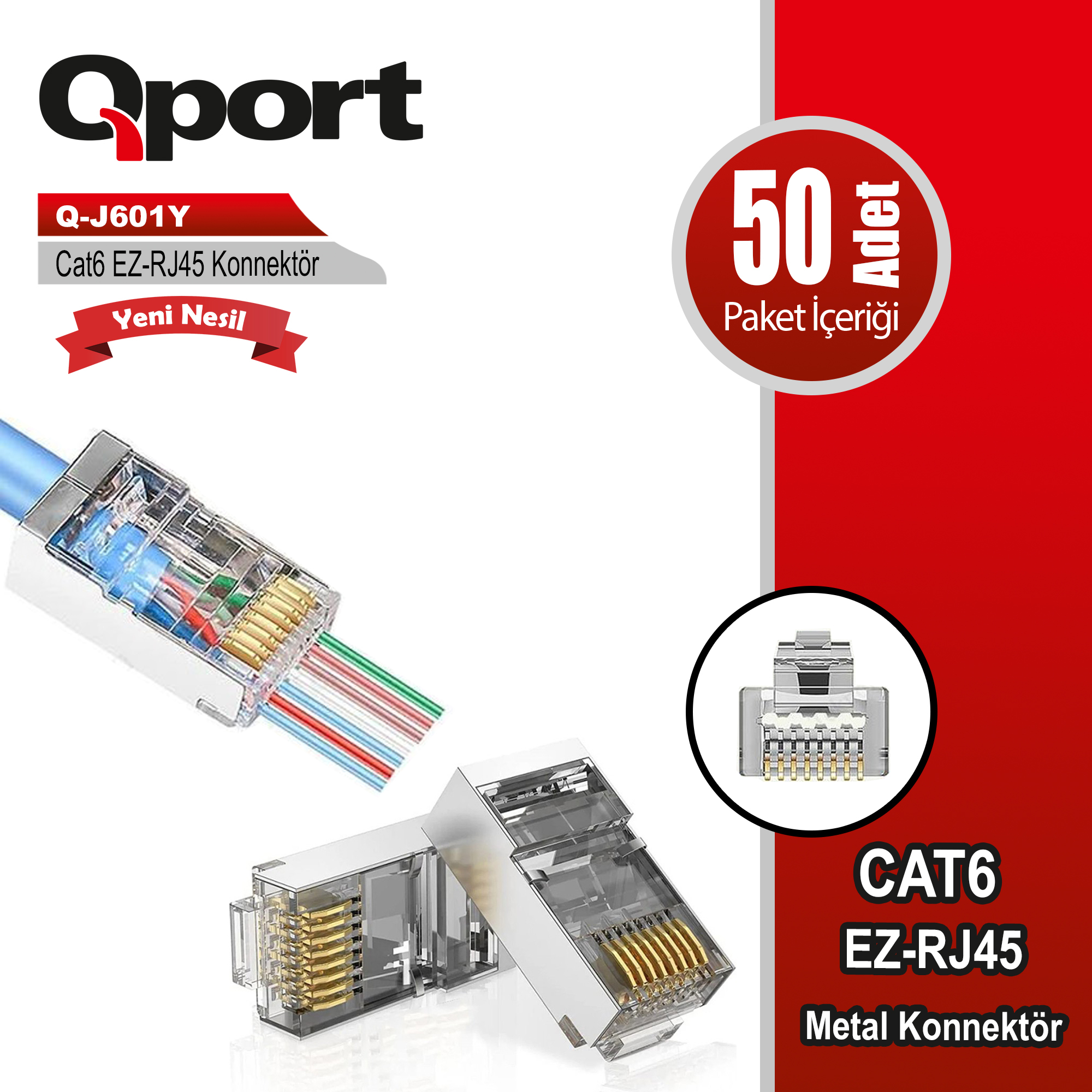 QPORT%20Q-J601Y%20CAT6%2050%20LİK%20PAKET%20EZ-RJ45%20METAL%20YENİ%20NESİL%20KONNEKTÖR